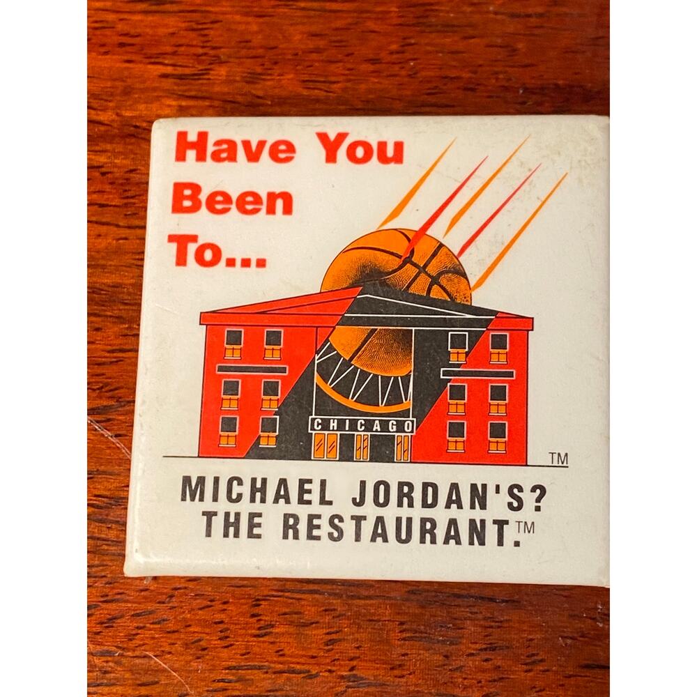 Pin back Lapel Button ad for Michael Jordan's The Restaurant 1.50 x 1.50 in EUC